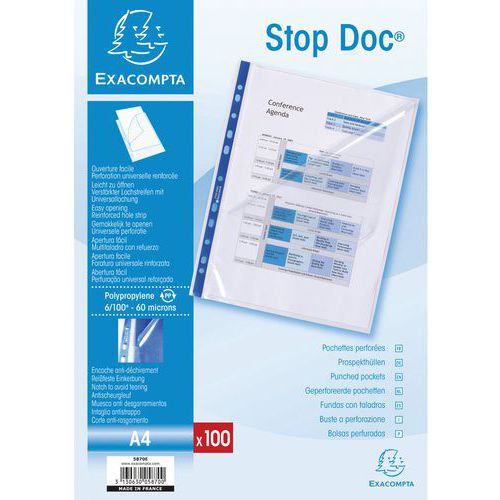 Exacompta - 10 Sachets De 10 Pochettes Perforées En PP Lisse 6/100ème - Ouverture Haut/côté - Format A4 - Cristal