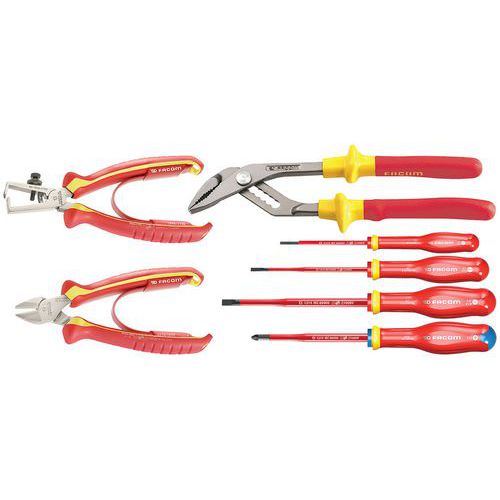Jeu de 3 pinces + 4 tournevis isolés 1000V - Facom Jeu de 3 pinces + 4 tournevis isolés 1000V - Facom