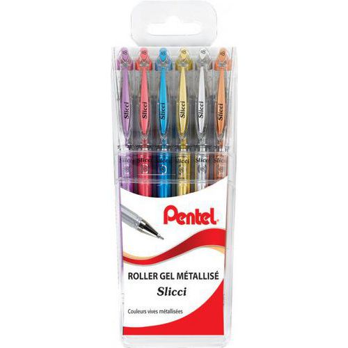 Pochette 6 stylos bille encre gel métalliques Slicci Pentel pointe 0.8 mm thumbnail image 1