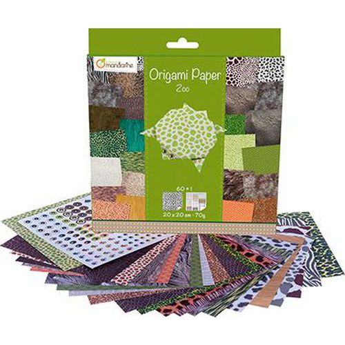 Pochette 60 feuilles papier 70 g origami 20x20 cm thème zoo + planche stickers yeux thumbnail image 1