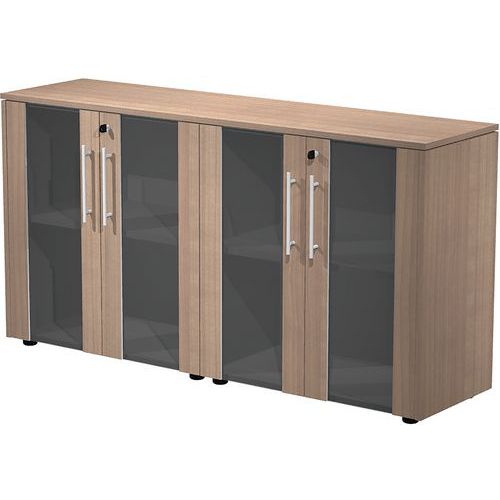 Armoire Basse Double à 4 Portes En Verre Fumé - Noyer