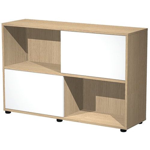 Bibliothèque Basse Portes Coulissantes Tetris Chêne - Blanc