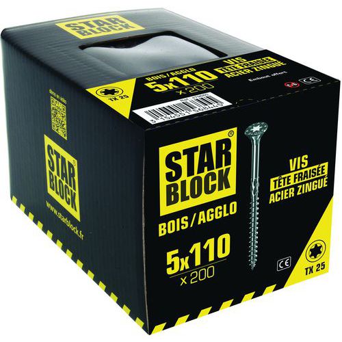 Starblock - Vis Bois/Agglo Torx Tête Fraisée - 5x110mm Blanc - Boîte 200 - Acier Intérieur/Extérieur