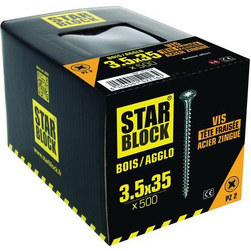 Starblock - Vis Bois/Agglo Tête Fraisée Pozidriv - 3.5x35mm - Boîte 500 - Acier Blanc Intérieur/Extérieur
