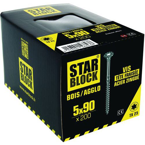 Starblock - Vis Bois/Agglo Tête Fraisée Torx 5x90mm - Boîte 200 - Acier Blanc Intérieur/Extérieur