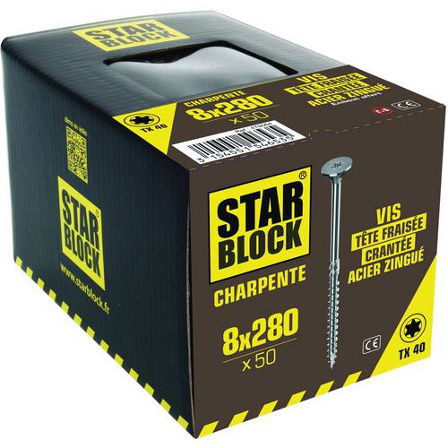 Vis Charpente Tête Fraisée Crantée Tx - 8x280 - Boîte De 50