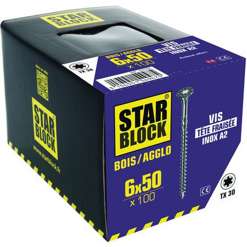 Starblock - Vis Inox A2 Torx Tête Fraisée - 6x50 mm - 100 Pièces - Usage Intérieur/Extérieur