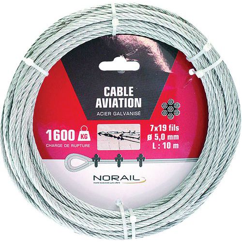 Norail - Câble d'aviation acier galvanisé - 10m Ø 5mm - Force 1600kg - Levage résistant