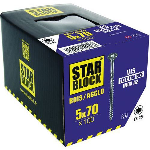 Starblock - Vis Inox A2 Torx Tête Fraisée - 5x70 mm - 100 Pièces - Intérieur/Extérieur