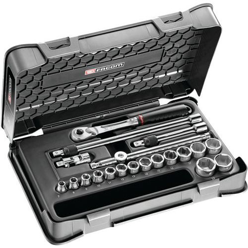 Coffret douilles 3/8 pouces 6 pans - 20 pièces cliquet verrouillage Coffret douilles 3/8 pouces 6 pans - 20 pièces cliquet verrouillage