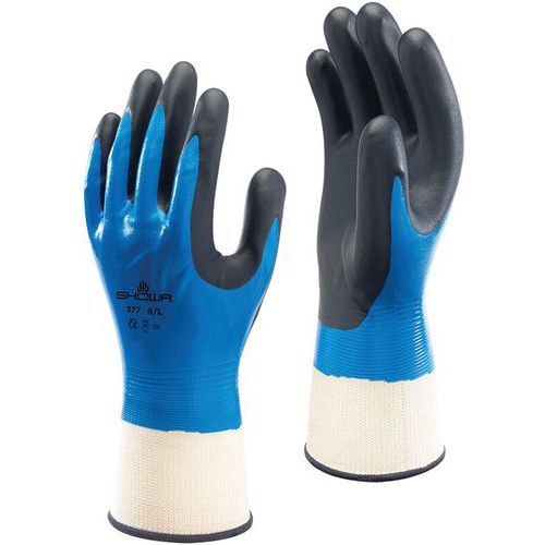 Showa - Gants de protection 377 M - Enduction nitrile paume - Résistant eau/huile/graisse - Noir/bleu
