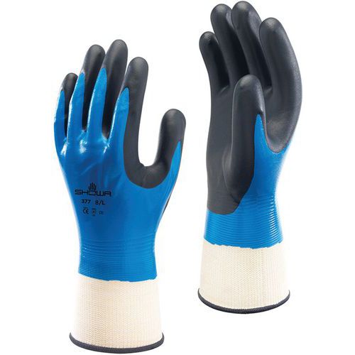 Showa - Gants de protection 377 - Taille L (8) - Enduction nitrile, paume, résistant eau/huile/graisse, confort, idéal travail