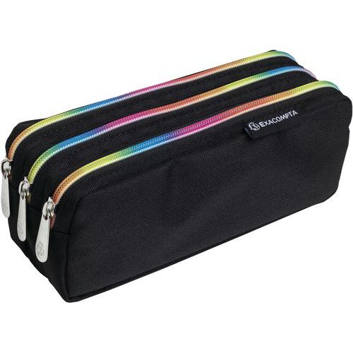 Exacompta - Trousse Rectangle 3 Compartiments Rainbow Noir - Polyester Recyclable - 225mm