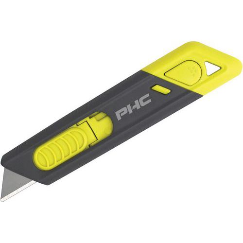 PHC - Cutter rétractable fin à pointe ronde en acier - Gris/jaune - Lame 58mm - Sécurité alimentaire non - Coupe 19mm