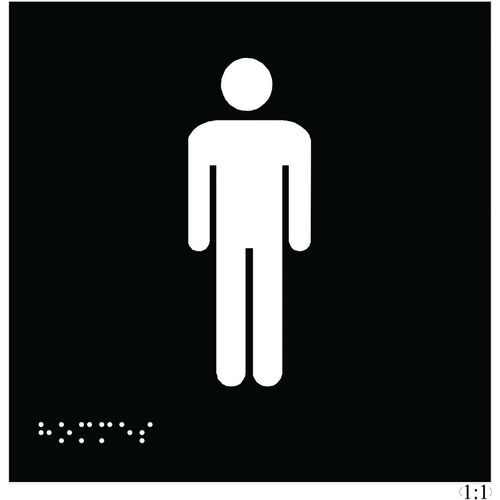 Plaque WC hommes relief et braille 150x150mm noir - Adhésive - ABS - Accessibilité handicapé