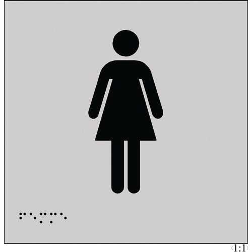 Plaque WC Femmes Braille et Relief 150x150mm Gris Noir Adhésive Accessible Handicapés