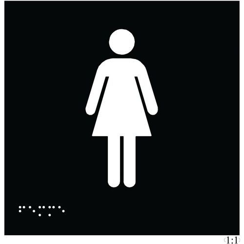 Plaque WC Femmes Braille et Relief 150x150mm Noir - Adhésive - ABS - Accessibilité Handicapés