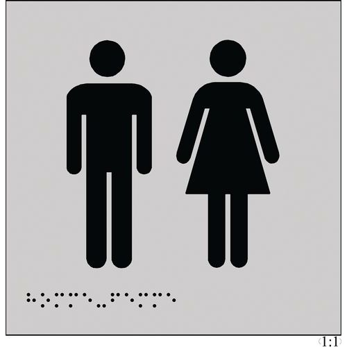 Plaque WC Hommes Femmes Relief Braille 150x150mm Gris Noir Adhésive Accessibilité Handicapés