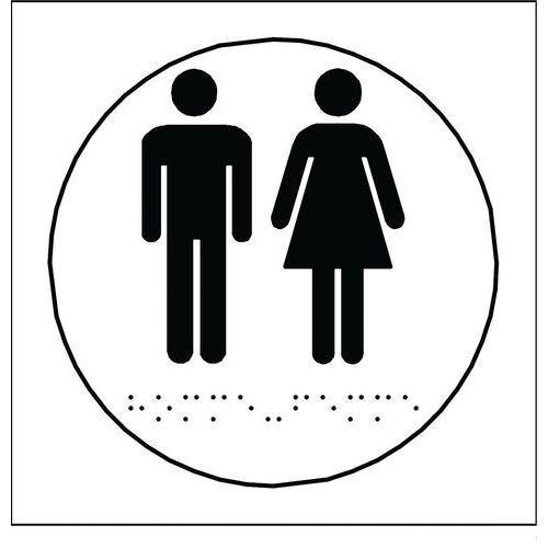 Plaque WC Hommes Femmes Braille et Relief Ø 100 mm Blanc ABS Adhésif Intérieur Accessible