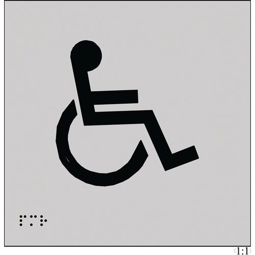 Plaque WC Handicapés Braille et Relief 150x150mm Argent Adhésive ABS Gris Noir
