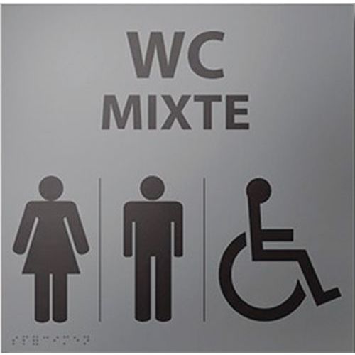 Panneau WC Mixte Relief et Braille Gris 150mm - Accessibilité Handicapés - Adhésif