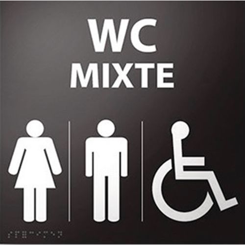 Panneau WC Mixte Relief et Braille Noir - 150mm Carré - Adhésif - Accessibilité Handicapés