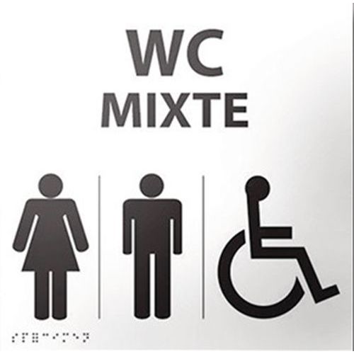 Panneau WC Mixte Relief Braille Picto Handicapé Blanc ABS 150mm Adhésif Accessible