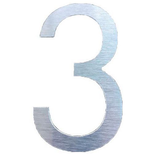 Chiffre relief aluminium brossé n°3 - Hauteur 75mm - Adhésif - Gris - Accessibilité handicapé