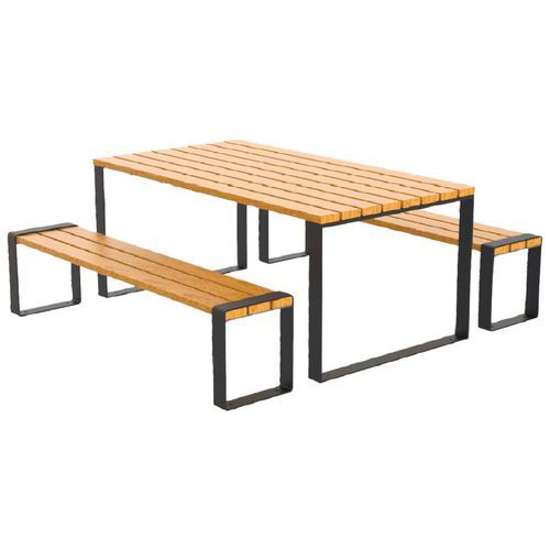 Table bancs HOURTIN 180 cm bois/acier - 6 places - Mobilier d'extérieur résistant et design