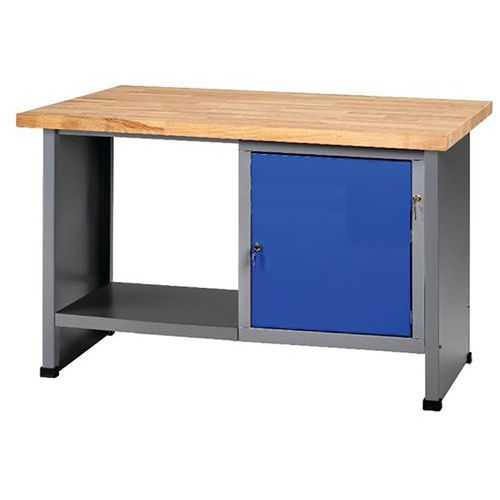 Établi FK 128 1 porte Bleu - 128 cm Largeur - Charge 500 kg - Plateau 40 mm - Mobilier d'atelier robuste et éco-responsable