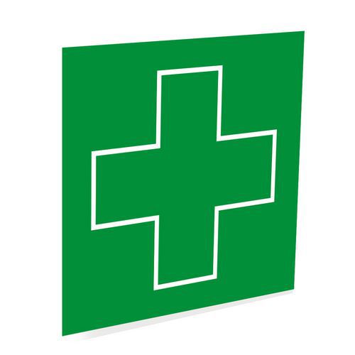 Plaque pictogramme Croix Premier Secours - Signalétique de sécurité - Acrylique Vert 15x15cm - Adhésif Rigide