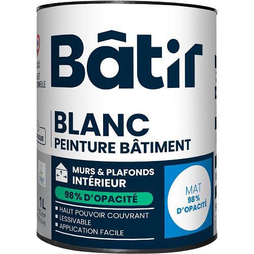 Batir - Peinture Murs et Plafonds Mat Blanc 1L - Haute Opacité 98% - Intérieur - Séchage Rapide