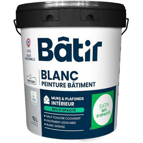 Batir - Peinture Murs & Plafonds Satin Blanc 5L - Haute Opacité 98% - Intérieur