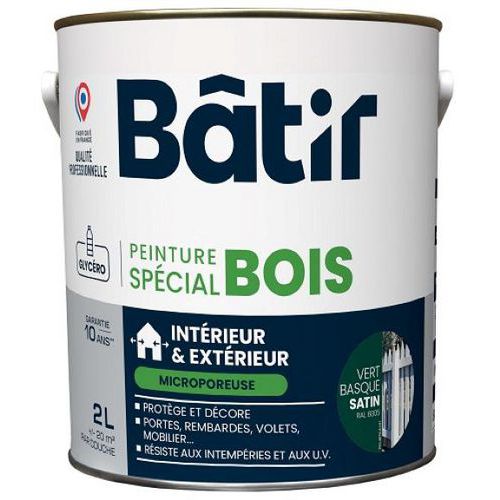 Batir - Peinture Bois Effet Satin 2L Vert Basque RAL 6005 - Intérieur/Extérieur - Finition Satinée