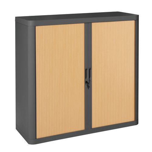 Armoire Easy Office Haut.104 Cm Corps Noir Rideaux Hêtre