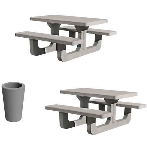 Pack 2 tables RIO grises + 1 poubelle 80 L béton - Mobilier d'extérieur 6 places - Fixation à poser - Garantie 10 ans