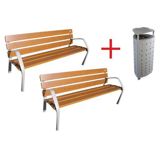 Pack 2 Bancs Néo Fsc Naturel Accoudoirs + 1 Poub 70l Camargo