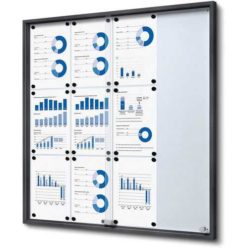 Showdown Displays - Vitrine Verrouillable 12xA4 - Portes Coulissantes Verre Trempé - Fond Magnétique Aluminium Blanc - Noir