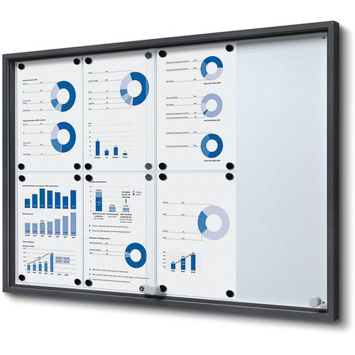 Showdown Displays - Vitrine verrouillable 8xA4 - Portes coulissantes en plexiglas - Fond magnétique aluminium blanc - Noir 90.6x64.1x5cm