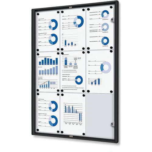 Showdown Displays - Vitrine verrouillable économique - 9xA4 - Magnétique - Fond Aluminium Blanc - Noir