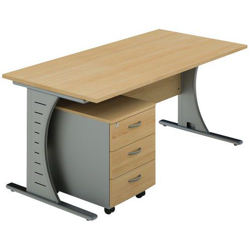 Bureau Pieds Clap 120x80 + Caisson Mobile 3 Tir. Hêtre / Alu
