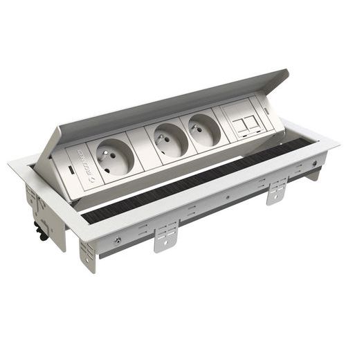 MBA - Boîtier Électrique 3 Prises 220V + 2 USB Blanc - Éco-responsable 25% Recyclé - Table de Réunion