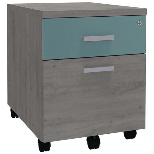 Caisson Mobille 2 Tir. P60 Chêne Gris + 1 Façade Bleu Argile