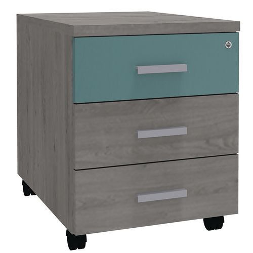 Caisson Mobille 3 Tir. P60 Chêne Gris + 1 Façade Bleu Argile