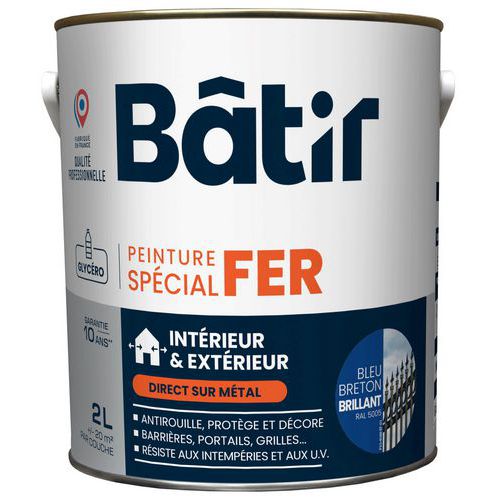 Batir - Peinture Fer Brillant Bleu Breton RAL 5005 - 2L - Antirouille Intérieur/Extérieur
