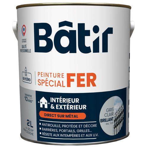 Batir - Peinture Fer Brillant 2L Gris Clair RAL 7035 - Antirouille Intérieur/Extérieur