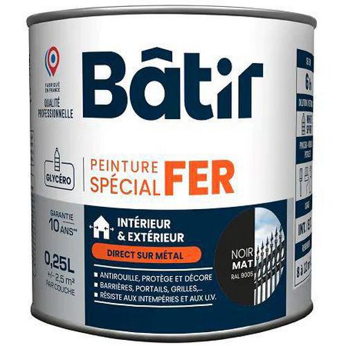 Batir - Peinture Fer Mat Antirouille Noir RAL 9005 - 0.25L - Intérieur/Extérieur