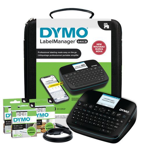 Dymo - Kit étiqueteuse LabelManager LM640 CB Qwerty Noir - Alimentation Secteur/Batterie Li-ion - Idéal Bureau