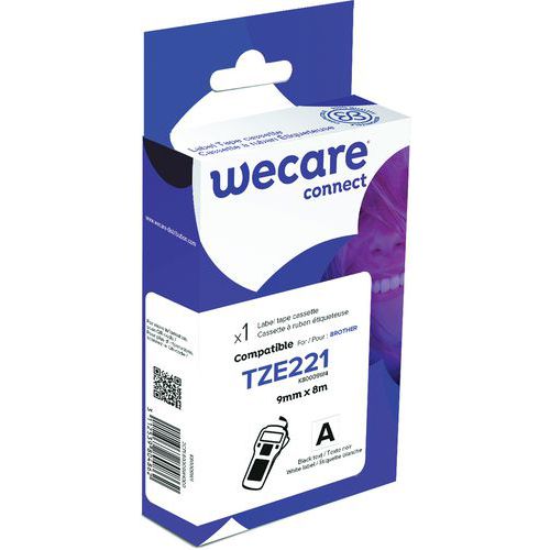 Wecare - Cassette Ruban pour Étiqueteuse Brother TZE221 - 9 mm Noir/Blanc - 8m - Recyclable