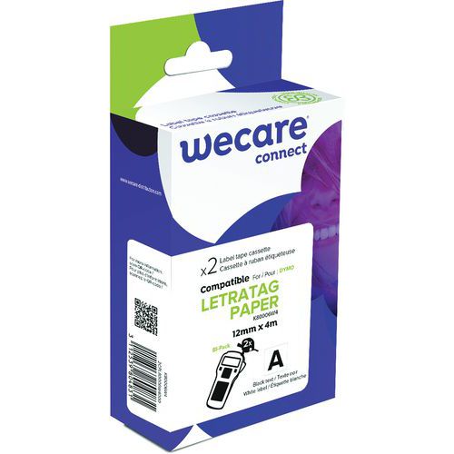 Wecare - Cassette pour étiqueteuse Dymo - 12 mm Noir/Blanc - Papier 4m - Recyclable